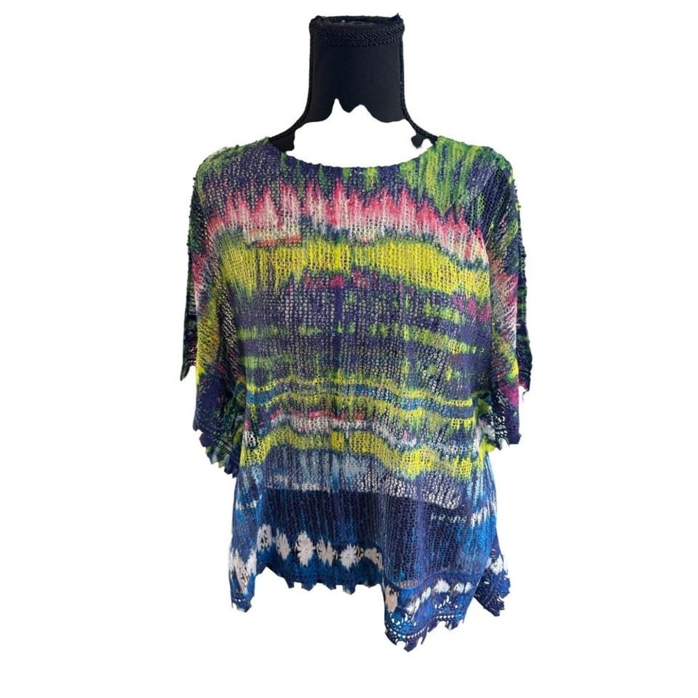 Multicolor Tie Dye Open Weave Crochet Poncho Top Scalloped Lace Hem Boho OS